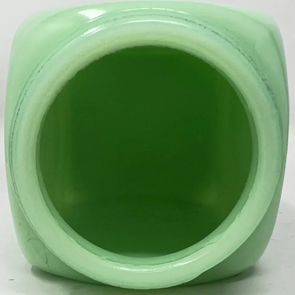 McKee Jadite Uranium Large Letters Glass Salt Shaker - Damaged Lid Front Graphic